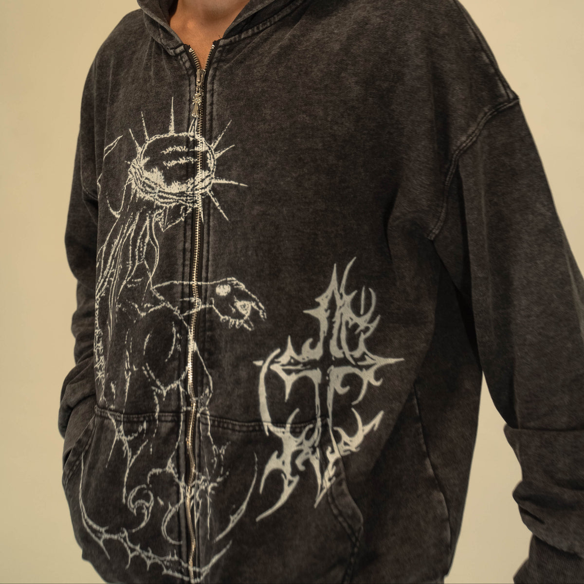 Brandless JJBA Jesus Acid Wash Zip up Hoodie