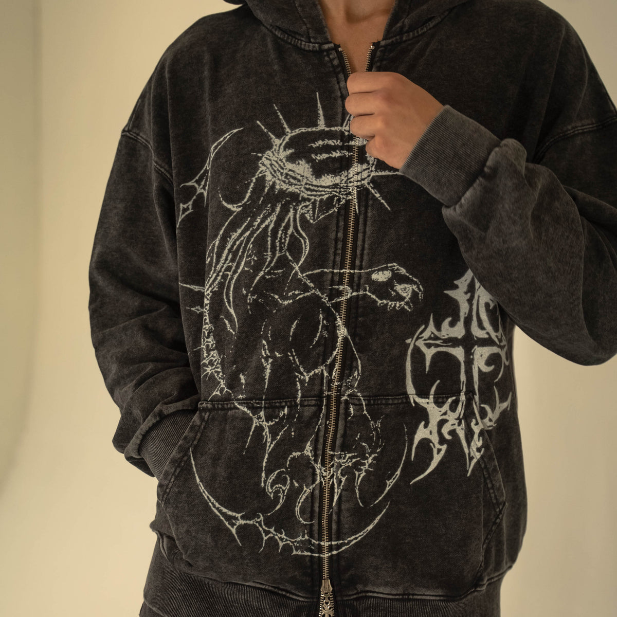 Brandless JJBA Jesus Acid Wash Zip up Hoodie