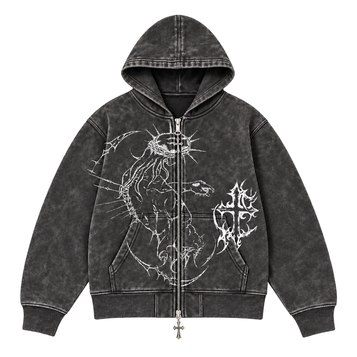 Brandless JJBA Jesus Acid Wash Zip up Hoodie — illustrative flat lay